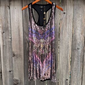 Christian Audigier Sequin Halloween skull purple silver mini dress Size Medium